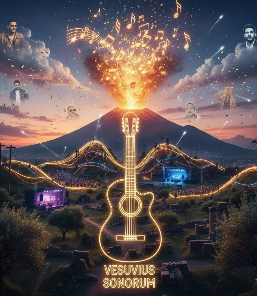 "NAPOLI INVADE SANREMO 2026" 1 Illustrazione artistica del Vesuvio che erutta note musicali dorate con una chitarra al neon in primo piano e palchi per concerti, simbolo della musica a Napoli.