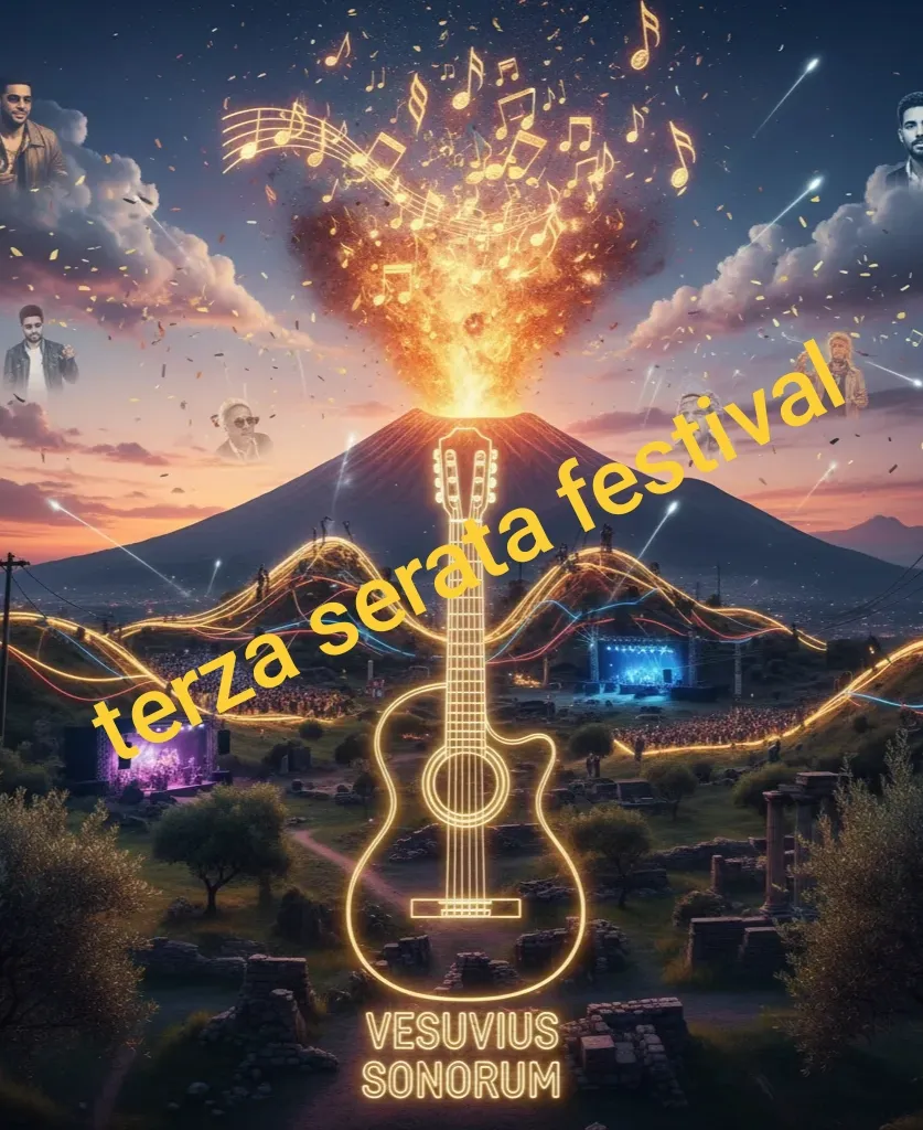 Sanremo 2026: Sal Da Vinci Fa Piangere e Ballare l'Ariston. È Lui il Re della Terza Serata 1 Illustrazione artistica del Vesuvio che erutta note musicali dorate con una chitarra al neon in primo piano e palchi per concerti, simbolo della musica a Napoli.