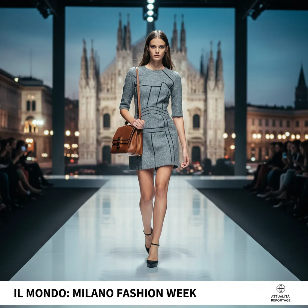 Modella che sfila con abito di Raffaele Tufano e sfondo Duomo di Milano.