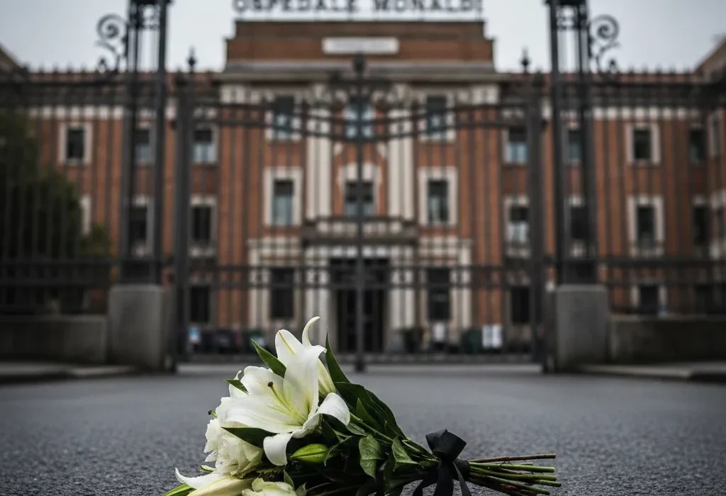 "Fiori bianchi con nastro nero davanti all'ingresso dell'Ospedale Monaldi di Napoli, simbolo di lutto per il piccolo Domenico."