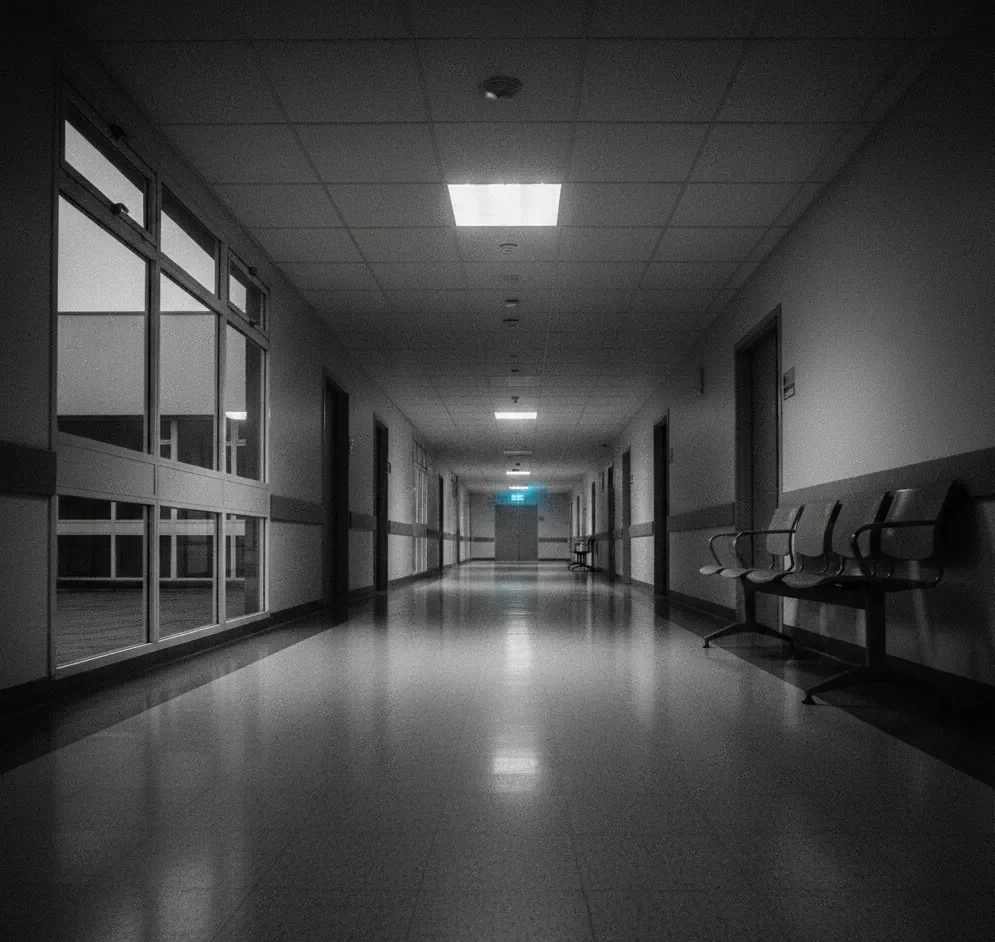 DOMENICO: CRONACA DI UN CUORE BRUCIATO E DI UN DESTINO NEGATO 1 cuore bruciato,Corridoio d'ospedale vuoto e buio in bianco e nero, ripresa dal basso con grana fotografica in stile reportage giornalistico, luci fredde e sedie d'attesa deserte
