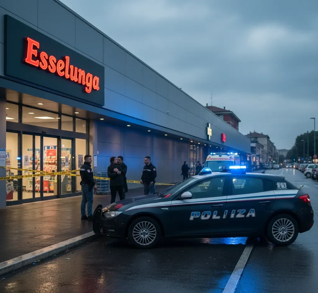 Ingresso supermercato con nastro della polizia e luci blu di un'ambulanza, cronaca nera Bergamo