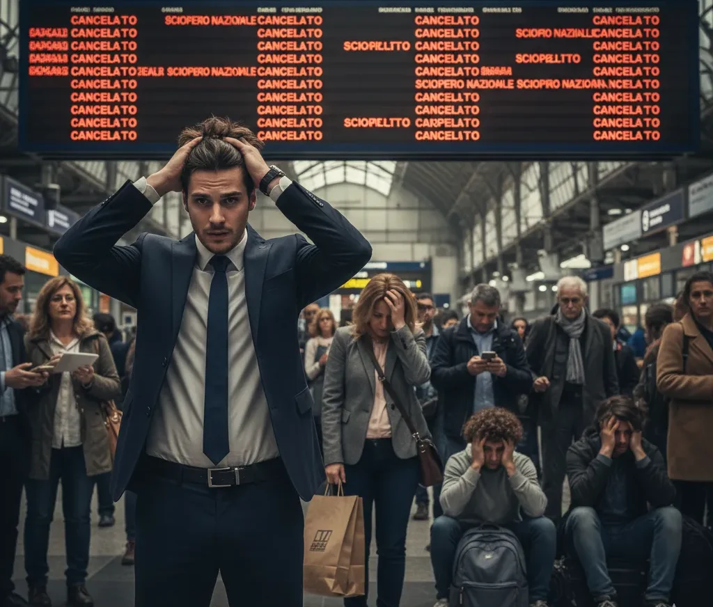 Pendolare disperato con le mani nei capelli davanti a un tabellone ferroviario con la scritta Sciopero Nazionale e treni cancellati, stazione di Napoli, marzo 2026.