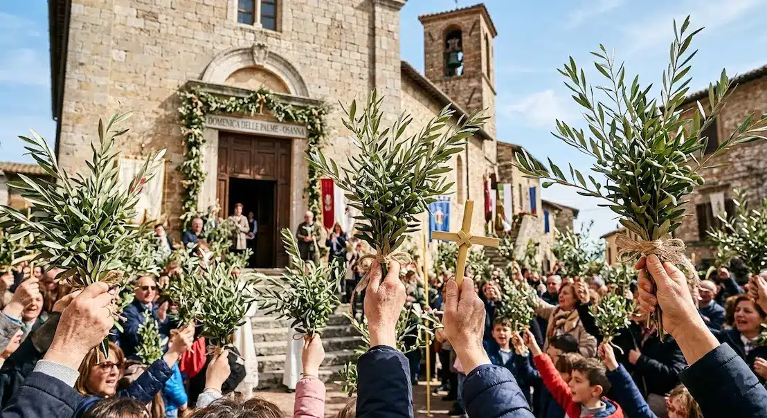 Folla di fedeli con rami d'ulivo benedetti e una croce di palma fuori da una chiesa antica a Napoli per la Domenica delle Palme 2026.
