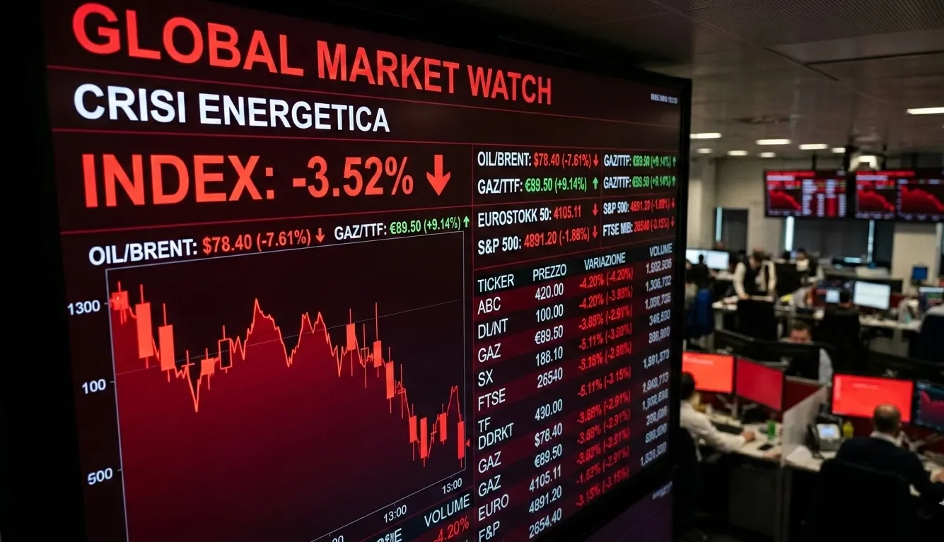 "Primo piano di un monitor finanziario in una sala operativa che mostra indici di borsa in forte calo con grafici a candela rossi e la scritta 'Crisi Energetica'. Sullo sfondo, operatori finanziari al lavoro in un ambiente professionale scuro."