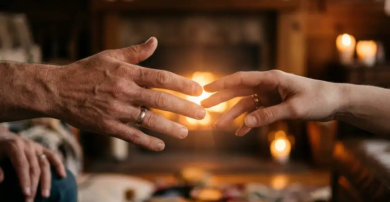 Fotografia a fuoco sulle dita di due mani, una maschile e una femminile, che si sfiorano davanti a un camino acceso. Metafora visiva della ricerca di vicinanza e calore il Dilemma del Porcospino di Schopenhauer.