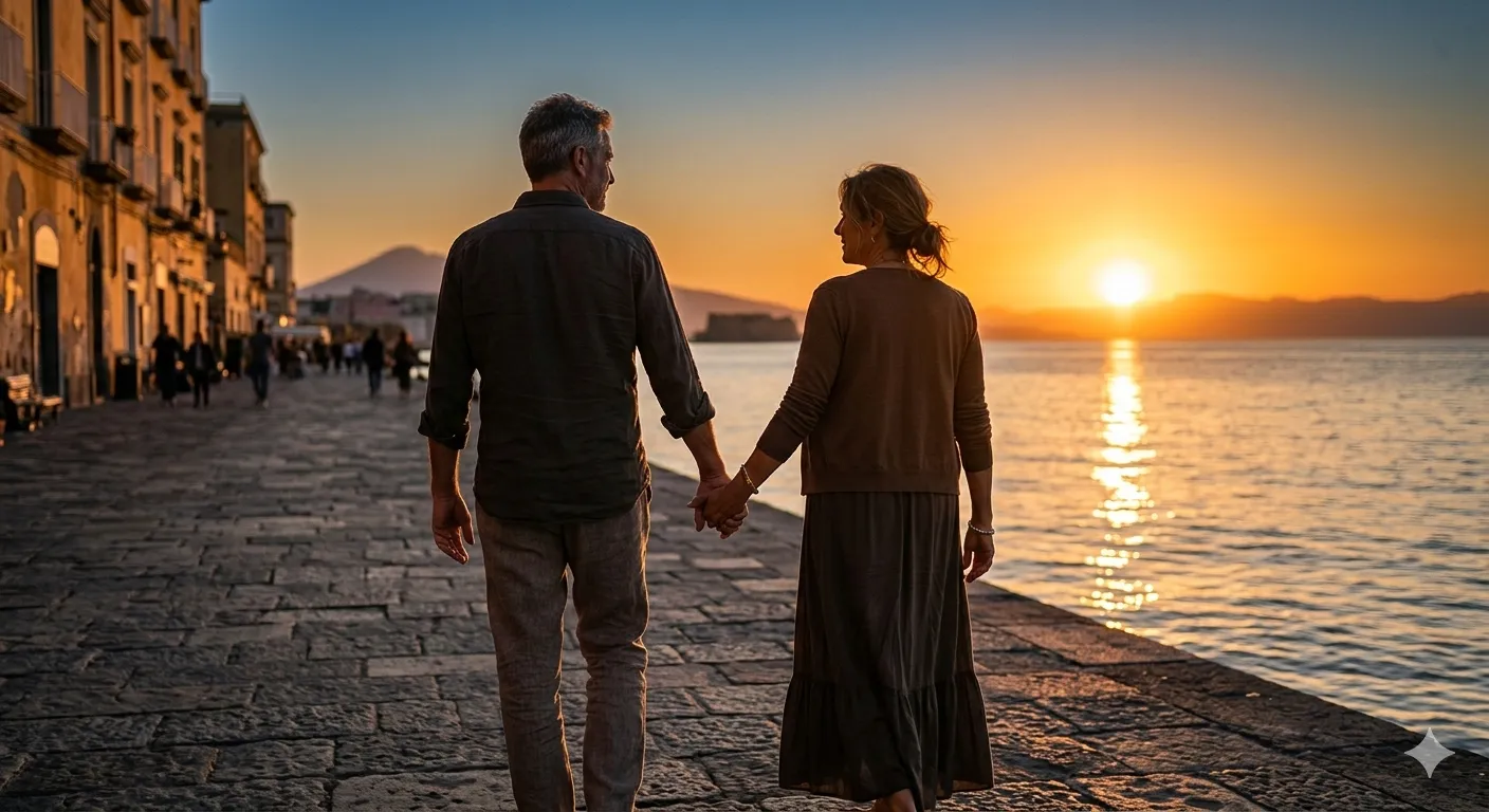 Vita di Coppia: Come evitare che il tempo logori l'amore 1 Coppia che cammina mano nella mano al tramonto sul mare reportage vita di coppia Nicola Nicosia.