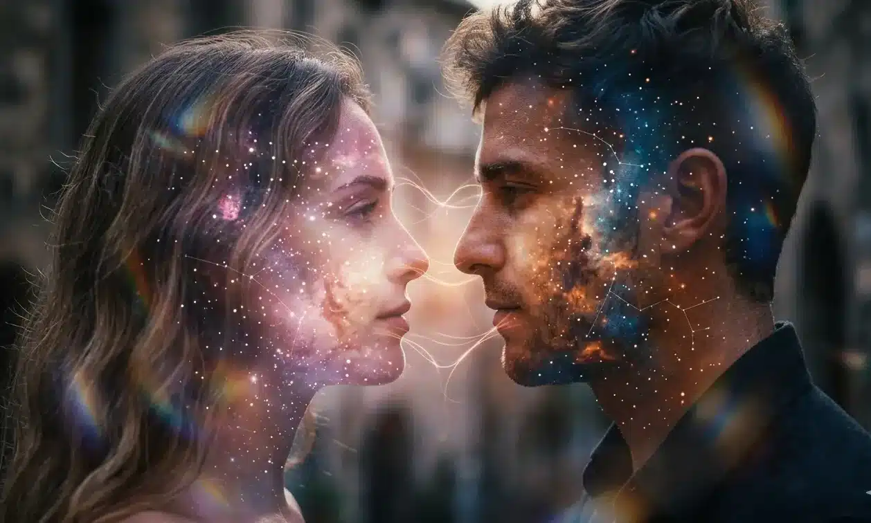 Profilo di un uomo e una donna che si guardano intensamente, nel mistero dell'amore con l'interno delle loro sagome che rivela un universo di stelle, galassie e nebulose luminose.