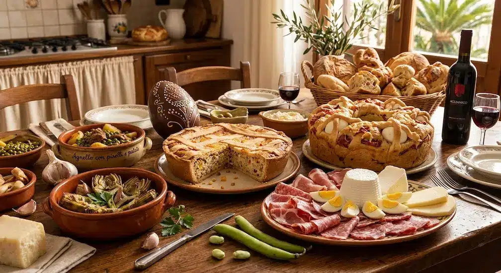 Domenica delle palme 2026, Tavola tradizionale di Pasqua a Napoli con casatiello, pastiera, fellata di salumi, uova sode e agnello con piselli.