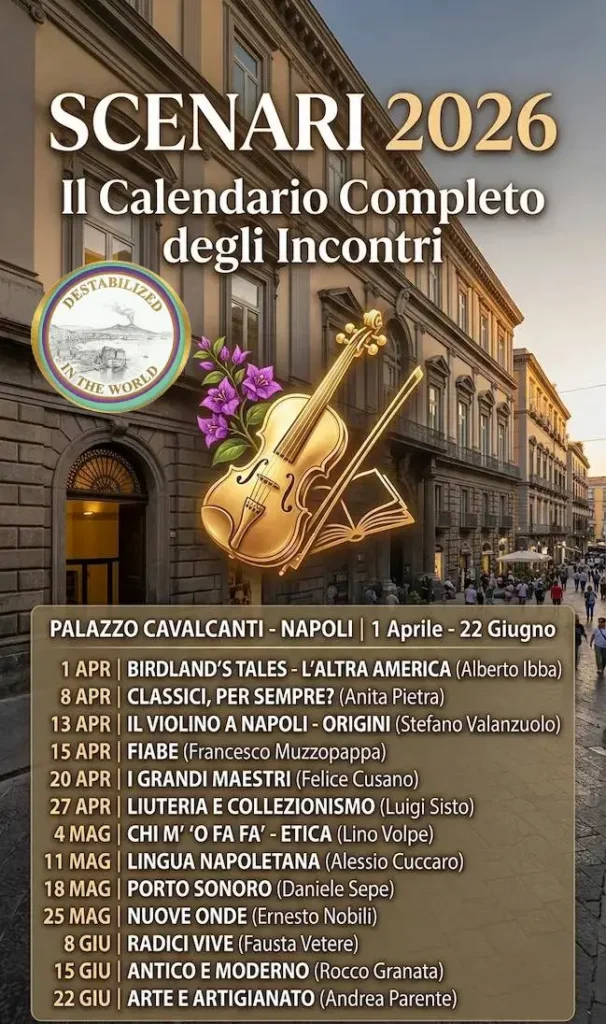 Palazzo Cavalcanti Locandina evento Scenari 2026 Palazzo Cavalcanti Napoli con icona violino e libro.