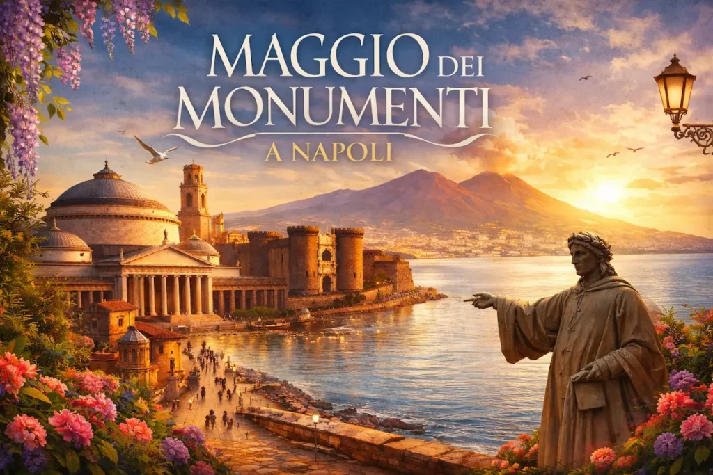 Maggio dei Monumenti 2026 Napoli. Locandina artistica con illustrazioni della Basilica di San Francesco di Paola, Piazza del Plebiscito, il Maschio Angioino e il Vesuvio al tramonto, incorniciati da fiori di glicine.