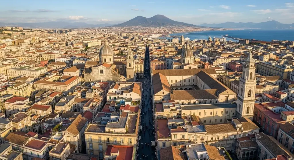 Veduta aerea dall'alto di Spaccanapoli 2026 che taglia in due il centro storico con il Vesuvio sullo sfondo.