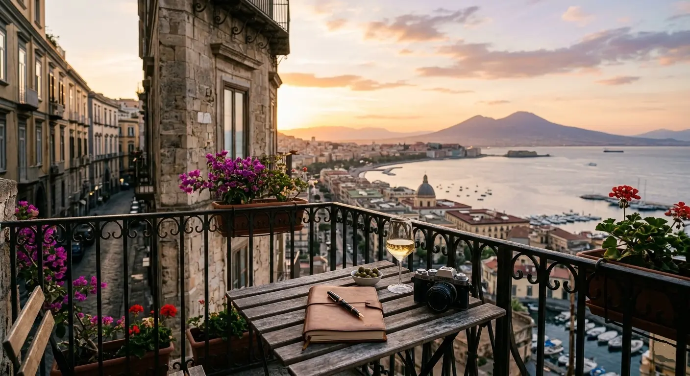 Eventi Napoli Maggio 2026 taccuino del reporter aperto con penna su un balcone vista Vesuvio e Golfo di Napoli al tramonto