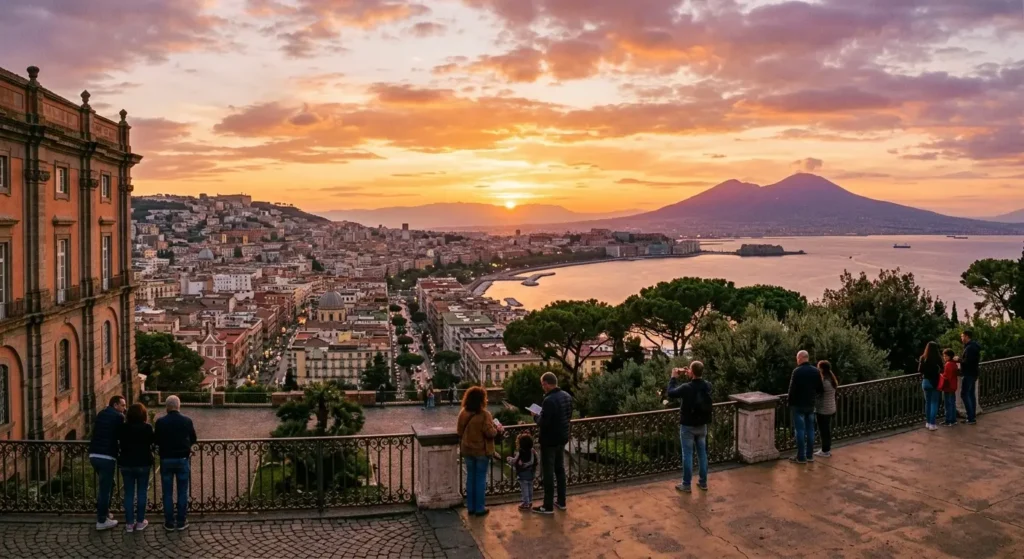 cosa visitare a Capodimonte ,Veduta panoramica dal Belvedere di Capodimonte al tramonto con la Reggia e il Golfo di Napoli