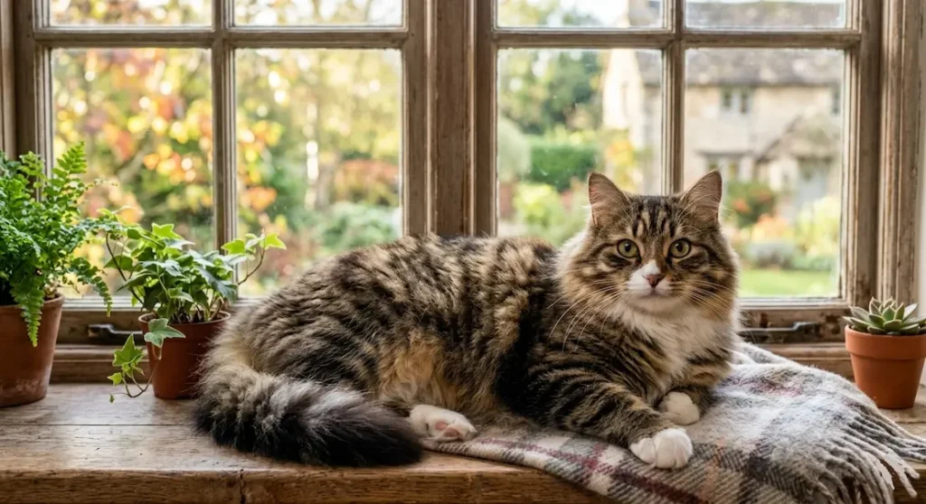 Avere un gatto Un maestoso gatto a pelo lungo tigrato riposa su una coperta davanti a una finestra luminosa con vista su un giardino.