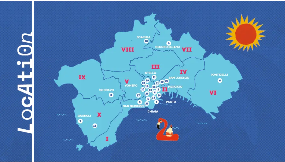 Napoli si colora di Nuvole: Parte il COMICON OFF 2026! 🚀 2 Mappa geografica di Napoli suddivisa per Municipalità con i punti numerati degli eventi COMICON OFF 2026.