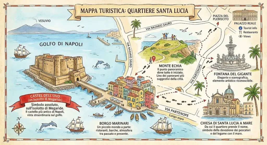 Mappa illustrata a colori del quartiere Santa Lucia Napoli. Include il Castel dell'Ovo, il Borgo Marinari, il Monte Echia, la Fontana del Gigante e la Chiesa di Santa Lucia a Mare con brevi descrizioni storiche.