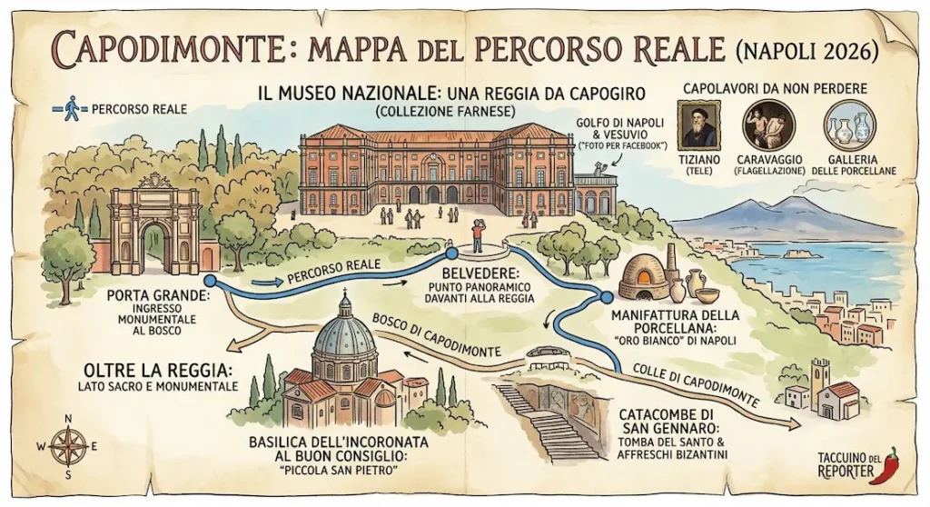 Mappa disegnata del percorso reale cosa visitare a Capodimonte con Reggia, Bosco e Catacombe