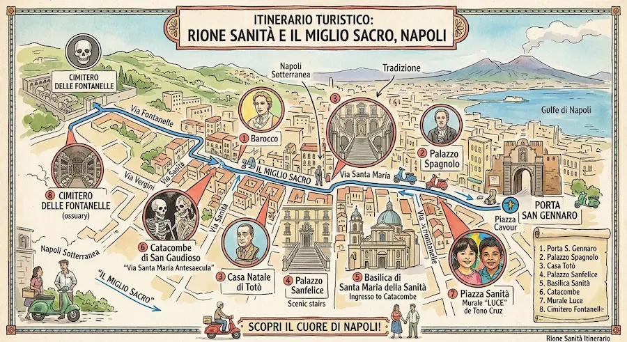 Mappa illustrata dell'itinerario turistico del Miglio Sacro nel Rione Sanità a Napoli, che mostra il Cimitero delle Fontanelle e altri monumenti.