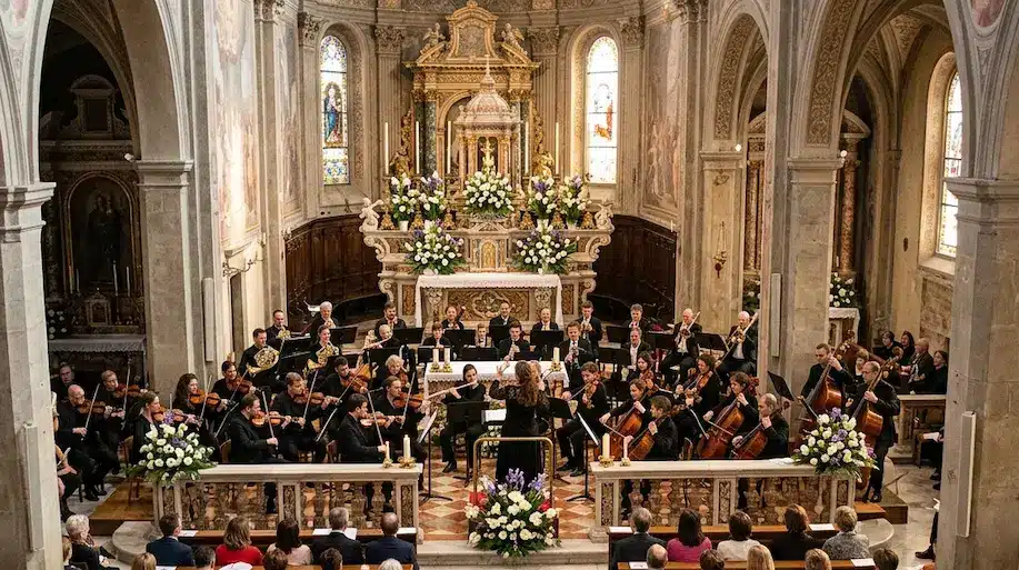 Pasqua a Napoli 2026, tra Nuvole e Resurrezione: Il Meteo e l'Attesa del Maggio 3 Orchestra sinfonica che esegue un concerto di Pasqua all'interno del Duomo di Napoli.