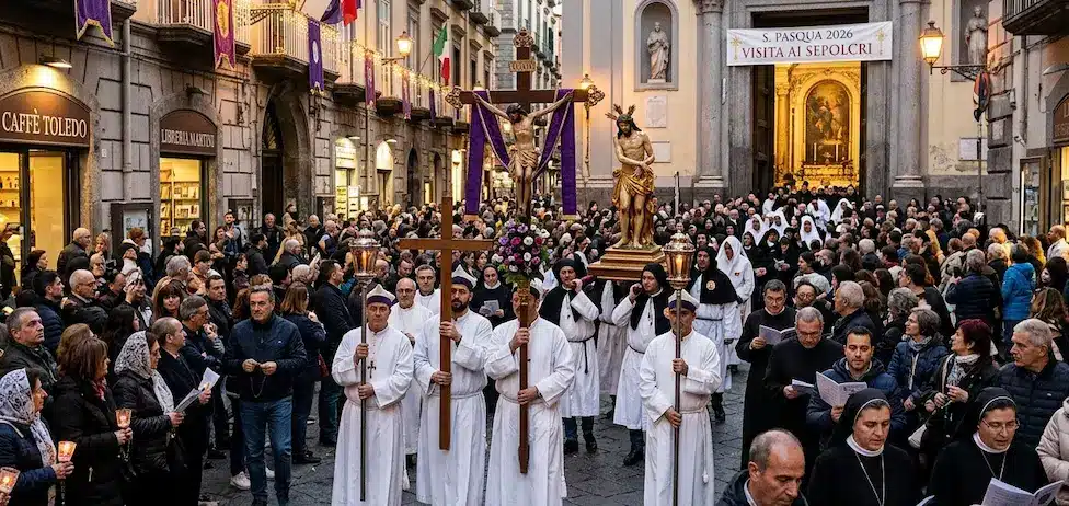 Pasqua a Napoli 2026, tra Nuvole e Resurrezione: Il Meteo e l'Attesa del Maggio 2 Pasqua a Napoli 2026 Processione religiosa del Giovedì Santo lungo Via Toledo a Napoli per la visita ai Sepolcri.