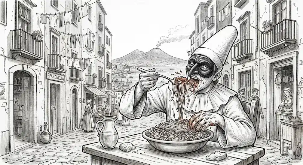 Vedi Napoli e poi Mangia 2026: Il Trionfo della Tradizione tra Gusto e Cultura 1 Illustrazione Pulcinella mangia maccheroni tra i vicoli di Napoli Vedi Napoli e poi Mangia 2026