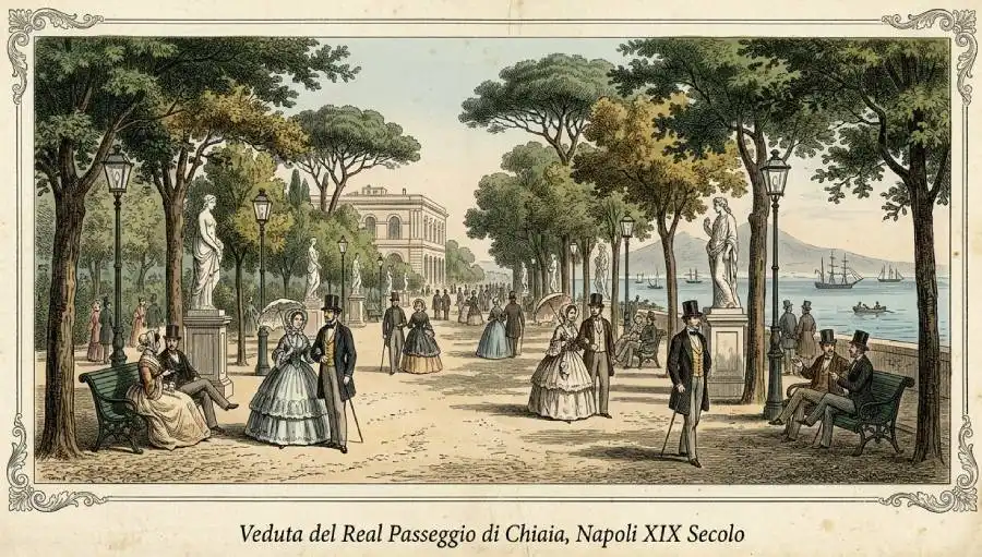 Incisione colorata d'epoca della Villa Comunale di Napoli nell'Ottocento con nobili a passeggio tra statue e alberi lungo il mare.