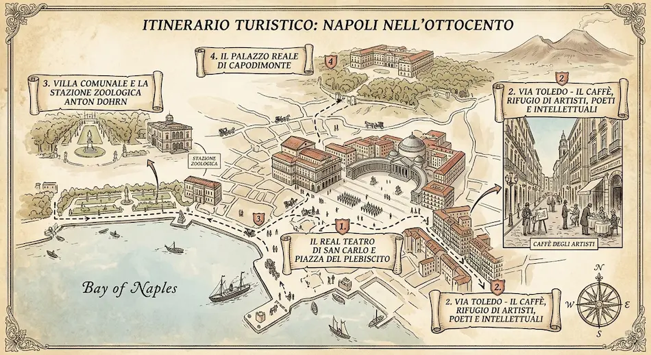 Mappa illustrata d'epoca di un itinerario turistico nella Napoli nell'Ottocento con i principali luoghi borbonici e culturali.