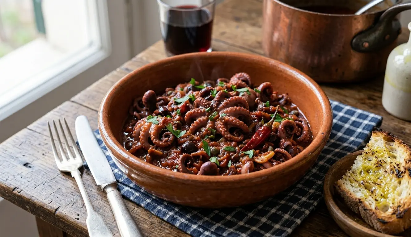 Polipi alla Luciana: La Ricetta e la Storia dei Pescatori 15 Una ciotola di terracotta con polipi alla Luciana (piccoli polpetti cucinati lentamente in un ricco sugo di pomodoro, olive nere e capperi), guarnita con prezzemolo fresco e peperoncino, servita su un tavolo di legno con pane tostato e una pentola di rame.