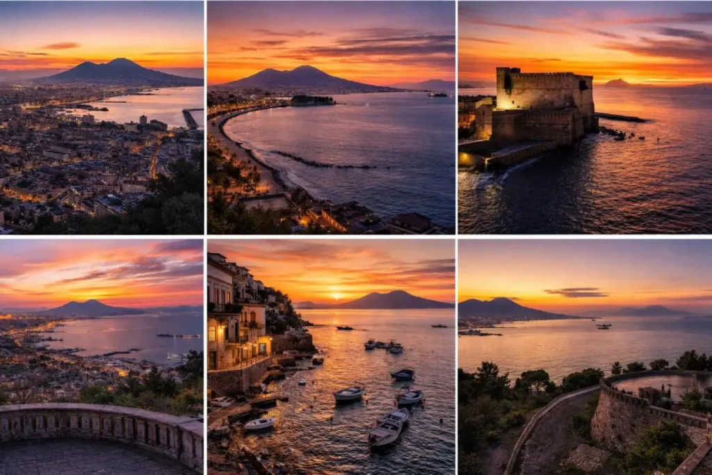 Tramonto a Napoli griglia di sei foto con vista sul Vesuvio, Castel dell'Ovo e il lungomare Caracciolo.
