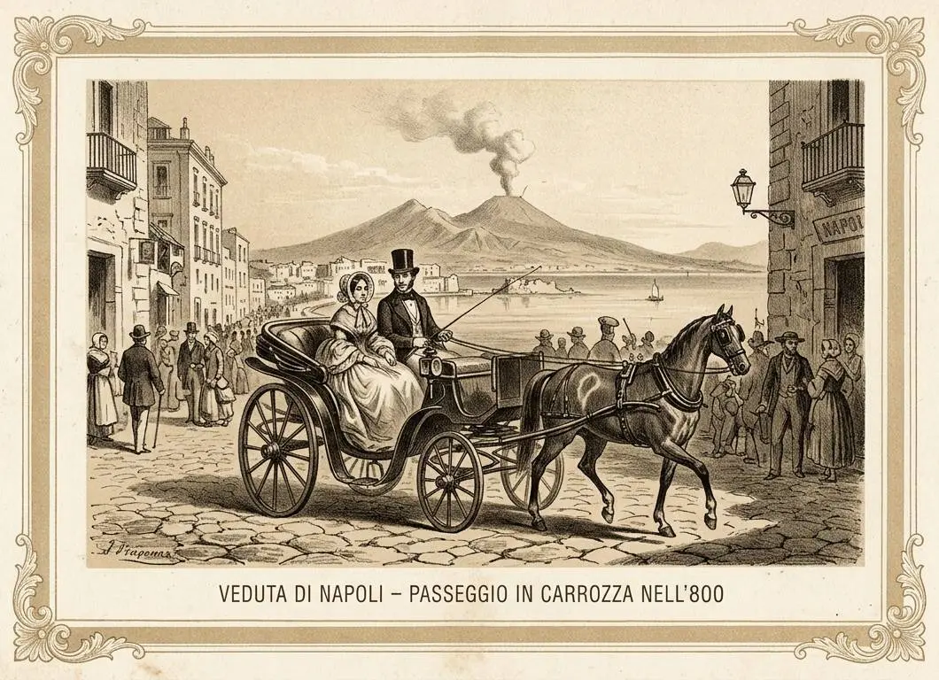 Incisione d'epoca che mostra una coppia nobiliare in carrozza sul lungomare di Napoli nell'Ottocento con il Vesuvio sullo sfondo.