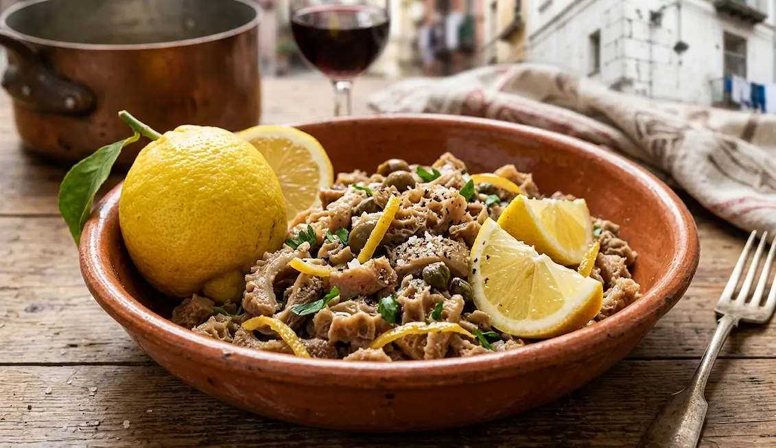 Un piatto tipico di trippa con il limone fresco di Sorrento, prezzemolo, capperi e sale grosso, servito in una scodella di terracotta su un tavolo di legno antico, con vicoli di Napoli sfocati sullo sfondo.