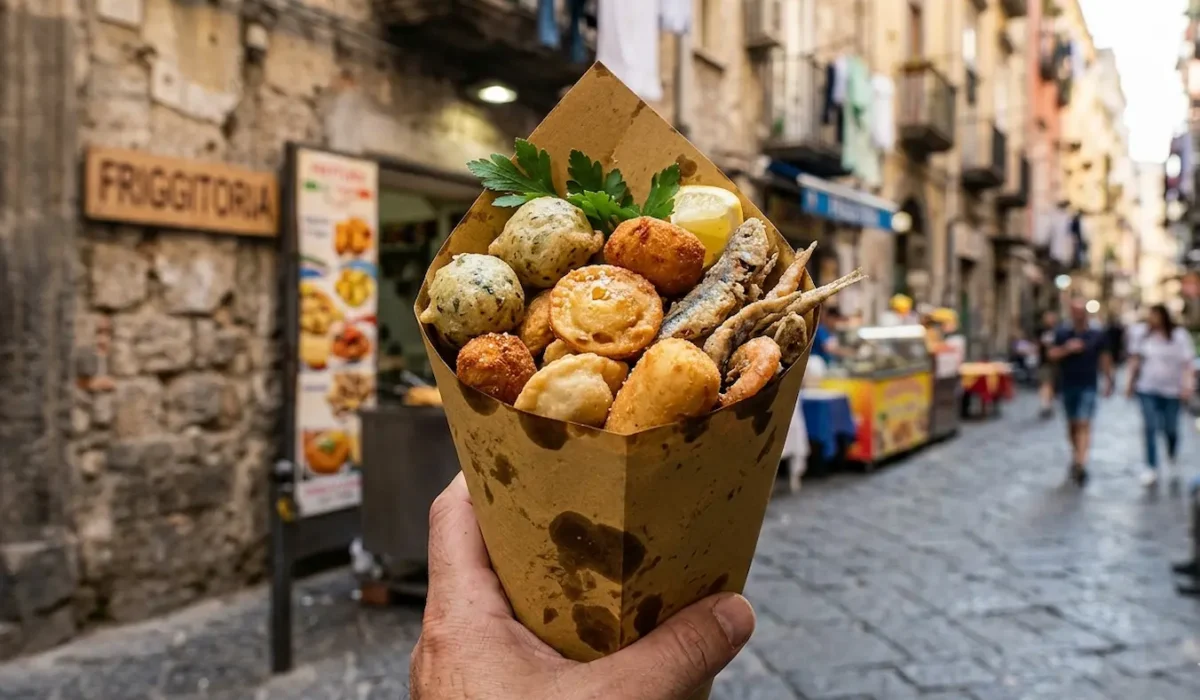 Una mano tiene in primo piano un cuoppo napoletano misto di terra e mare in carta paglia con alici fritte, gamberi, panzarotti, zeppoline e arancini, sullo sfondo sfocato di un vicolo storico di Napoli con una friggitoria.