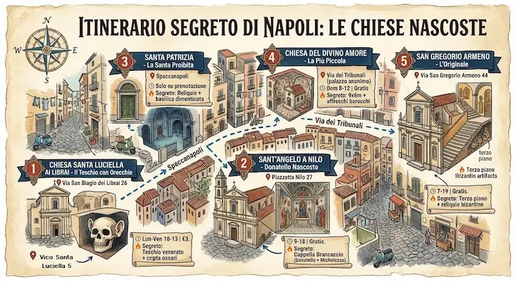 Spaccanapoli: le 5 chiese segrete tra teschi, arte e misteri nascosti 2 Mappa illustrata dell'itinerario segreto delle chiese nascoste a Spaccanapoli 2026, Napoli, con tappe numerate e dettagli storici.