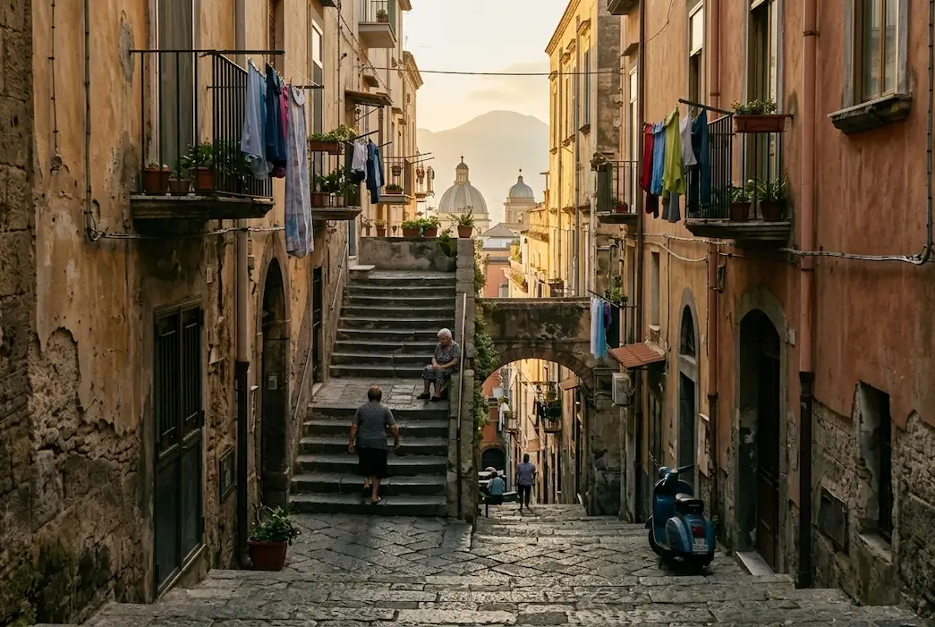 Scale di Napoli, Scorcio di un'antica scala in pietra a Napoli con panni stesi, palazzi storici, una Vespa blu e la silhouette del Vesuvio sullo sfondo.