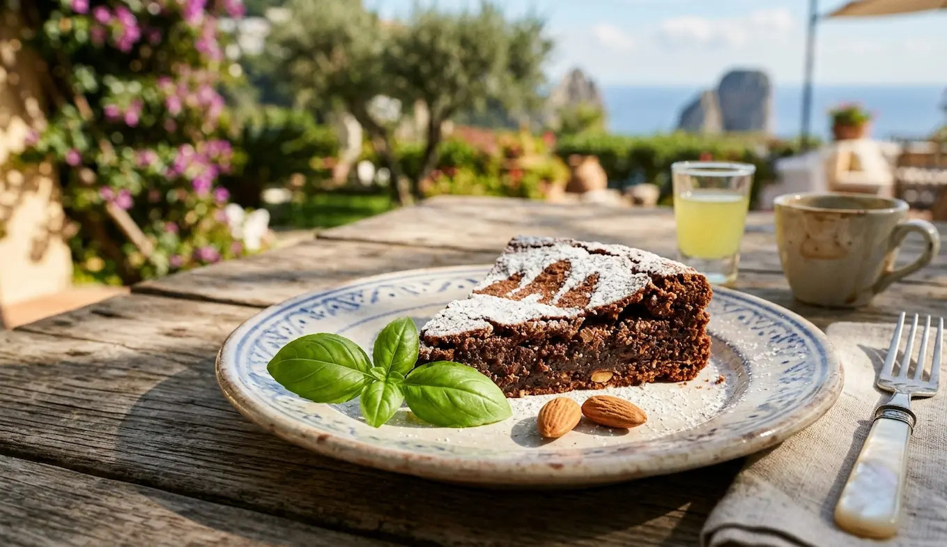 Torta Caprese: La Ricetta Originale del Dolce Napoletano 1 Una fetta di torta Caprese al cioccolato e mandorle con zucchero a velo, guarnita con foglioline di basilico e mandorle intere su un piatto di ceramica artigianale, posizionata su un tavolo di legno all'aperto a Capri con vista sfocata sui Faraglioni e un bicchierino di limoncello.
