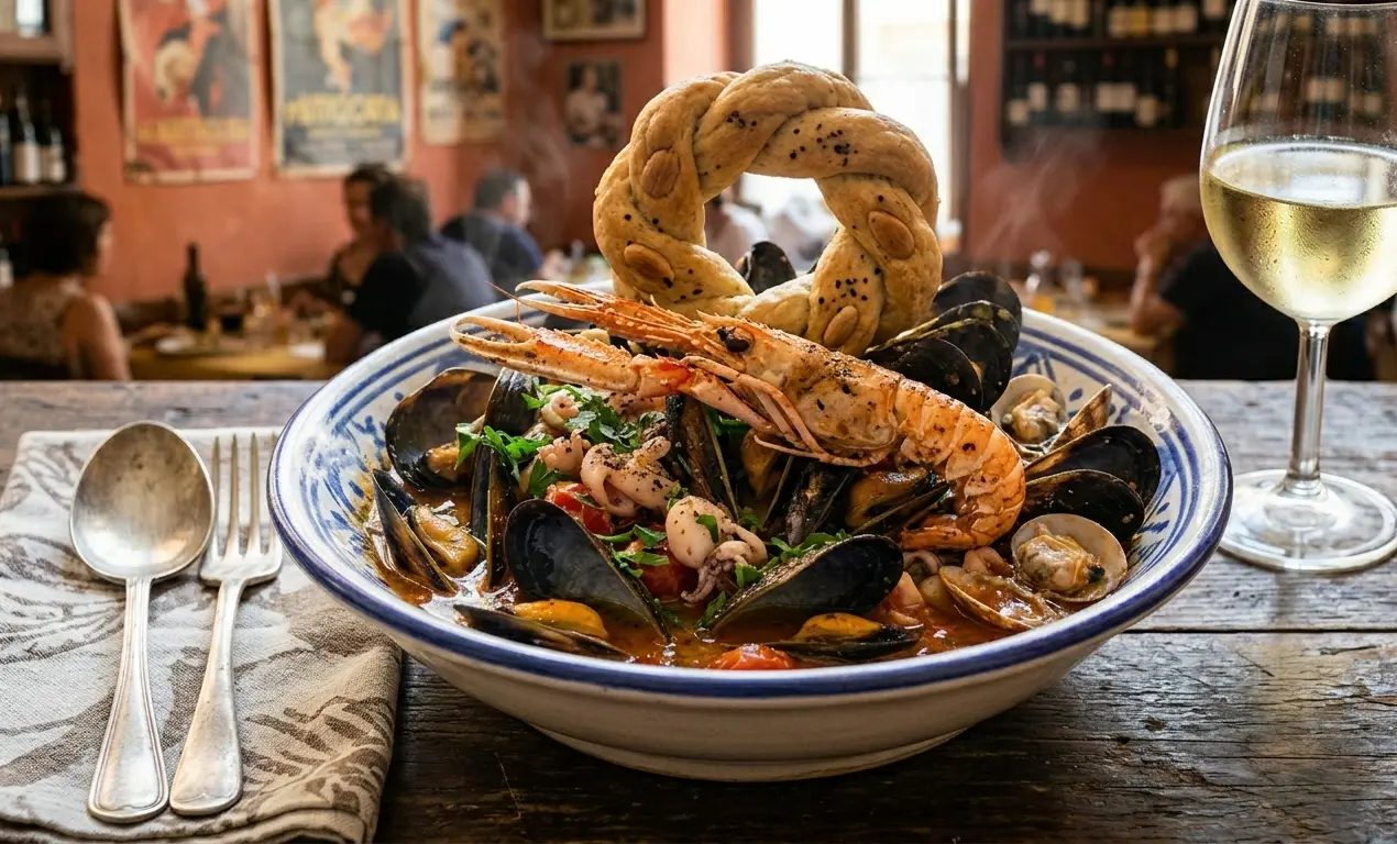 Un grande piatto fondo in ceramica decorata con un'abbondante zuppa di cozze, arricchita da polipetti, vongole, uno scampo grigliato e sormontata da un tarallo napoletano intrecciato, con un calice di vino bianco accanto.