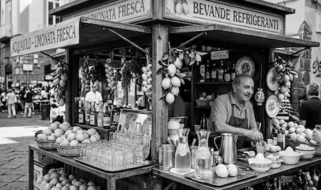 mestieri scomparsi di Napoli Un anziano acquaiolo sorridente all'interno del suo storico chiosco di legno a Napoli, riccamente decorato con limoni e trecce d'aglio, mentre prepara una limonata fresca per una cliente in un vicolo affollato.