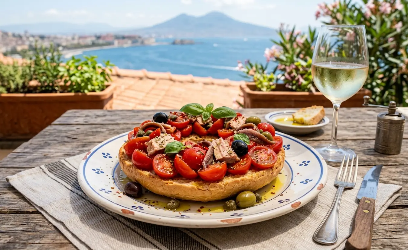 Fresella Napoletana: La Ricetta Tradizionale della Caponata 1 Una fresella napoletana condita a caponata con pomodorini, tonno, acciughe, olive nere e verdi, capperi e basilico, servita su un tavolo di legno panoramico con vista sul Golfo di Napoli, il Vesuvio e un bicchiere di vino bianco.