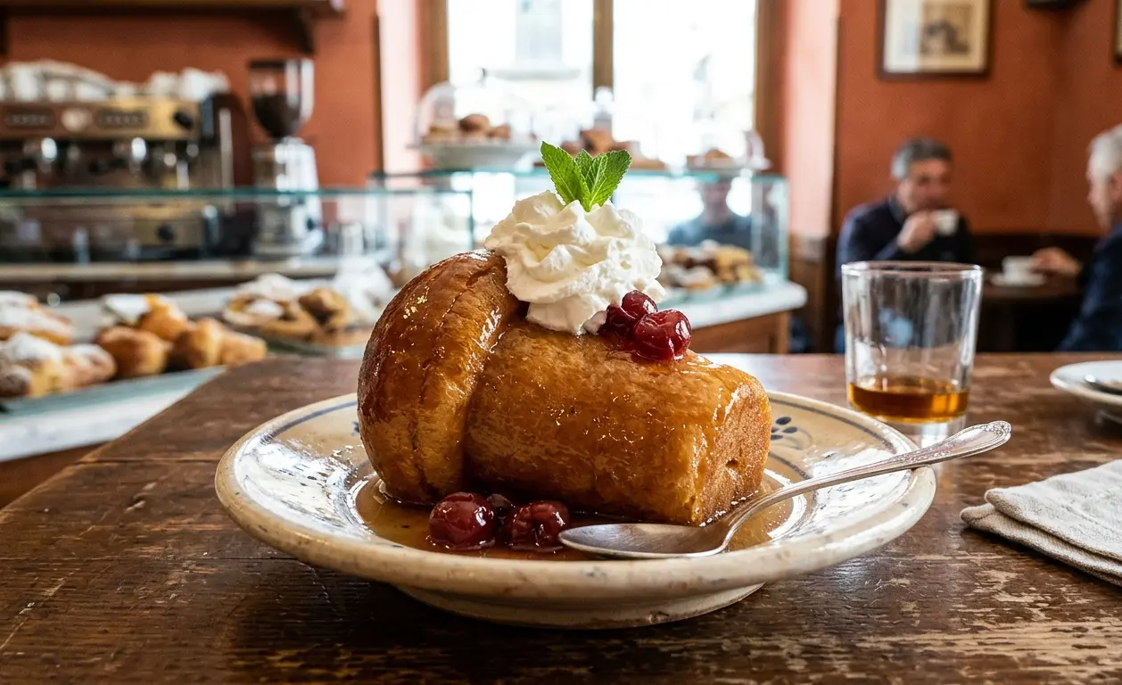 Un grande babà napoletano al rum servito su un piatto di ceramica con panna montata, amarene sciroppate e menta fresca, su un tavolo di legno all'interno di una pasticceria storica di Napoli.