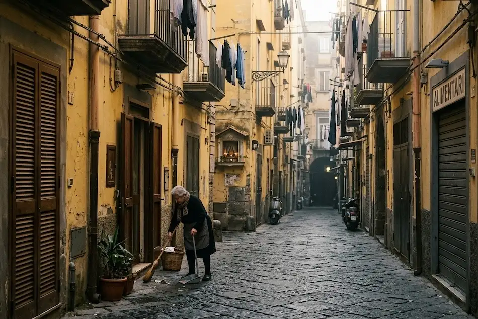 Napoli 365 – Giorno 1: Il Risveglio della Città 2 Fotografia in stile documentaristico di un vicolo a Napoli all'alba. Sulla sinistra, una signora anziana con un grembiule pulisce la strada con scopa e paletta davanti a un portone. Il vicolo, pavimentato in pietra lavica, è fiancheggiato da alti palazzi gialli con panni stesi e serrande di negozi ancora abbassate, tra cui si leggono le insegne "Alimentari" e "Tabacchi".