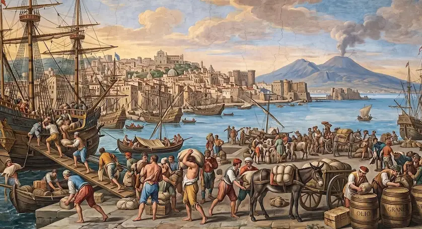 Un grande affresco barocco, databile al XVII secolo, raffigurante una scena frenetica e dettagliata del porto di Napoli. In primo piano, dozzine di lavoratori scaricano merci e merci da grandi velieri su una banchina di pietra affollata. La città di Napoli, con i suoi edifici storici, castelli e cupole, si arrampica sulla collina sullo sfondo, sotto un cielo parzialmente nuvoloso. Il Vesuvio, con un pennacchio di fumo, domina l'orizzonte a destra.