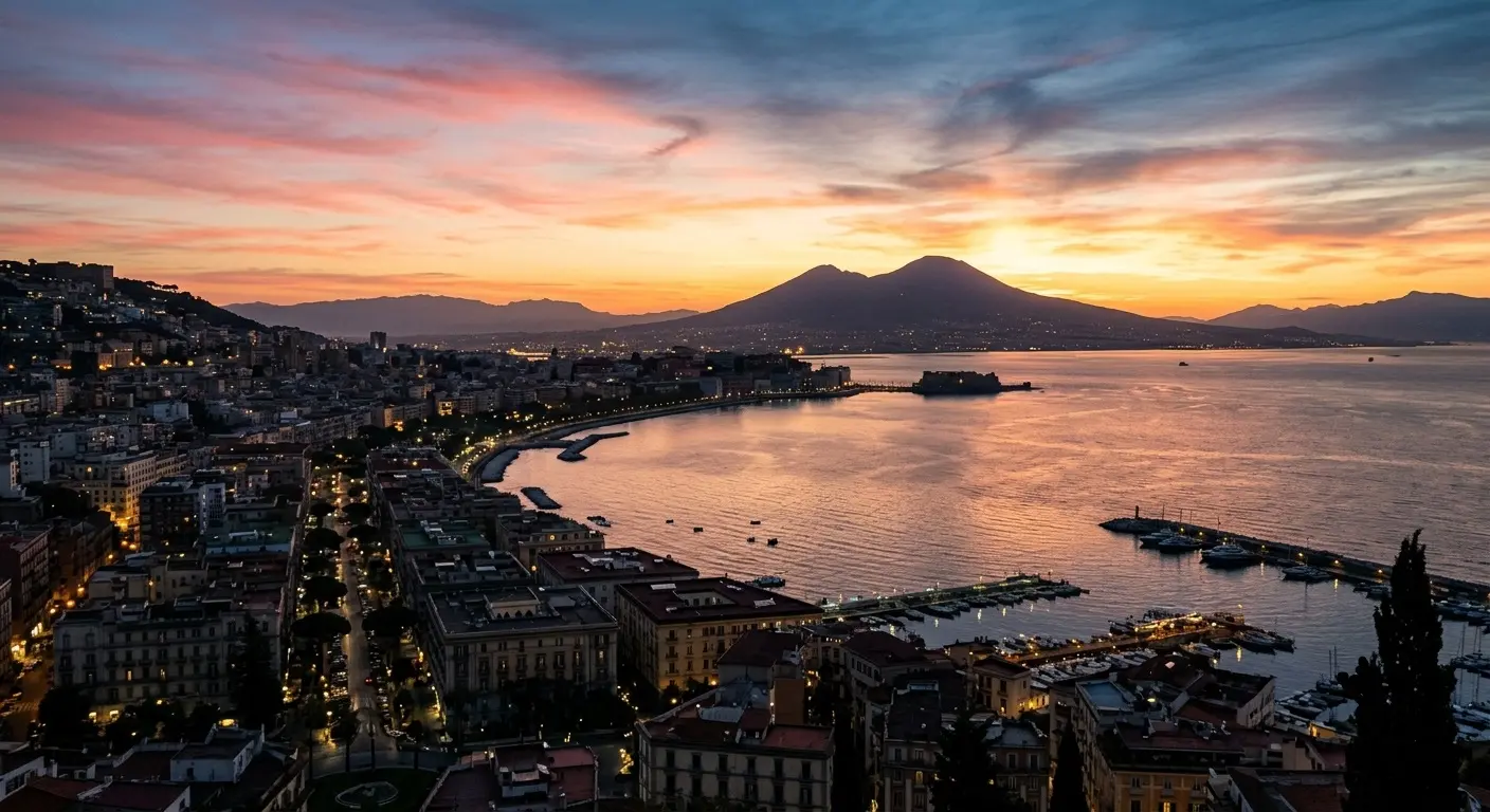 Napoli 365 – Giorno 1: Il Risveglio della Città 1 Napoli 365 Un'immagine d'archivio di alta qualità, con una composizione cinematografica, raffigura l'alba sul Golfo di Napoli, con il Vesuvio e la città ancora addormentata. La luce dorata dell'orizzonte si fonde con i rosa e gli arancioni del cielo. Le acque sono calme e riflettono le prime luci. Sulla costa, si distinguono gli edifici storici e un piccolo porto con barche ormeggiate.