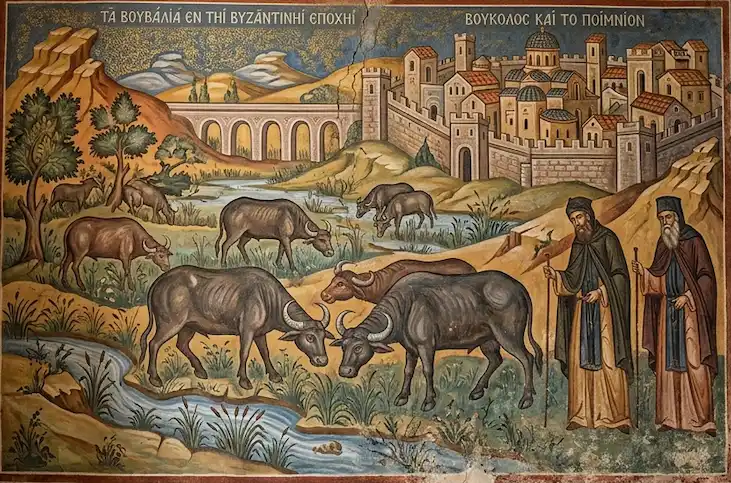 Ricostruzione artistica  che richiama il contesto rurale dell'Italia meridionale nel Medioevo. La storia della mozzarella sono strettamente legate ai territori monastici e agli allevamenti sviluppati tra Campania e basso Lazio.