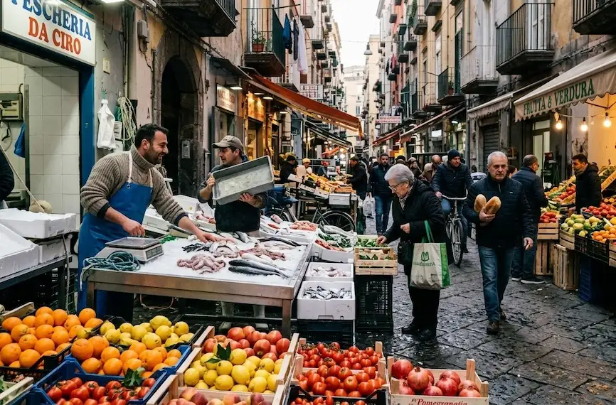 Napoli 365 – Giorno 1: Il Risveglio della Città 5 Napoli 365 Un affollato mercato rionale all'aperto in un vicolo di Napoli, con banchi di pesce fresco in primo piano a sinistra gestiti da pescivendoli, cassette di frutta e verdura colorate in basso e persone che passeggiano e fanno la spesa lungo la strada lastricata.