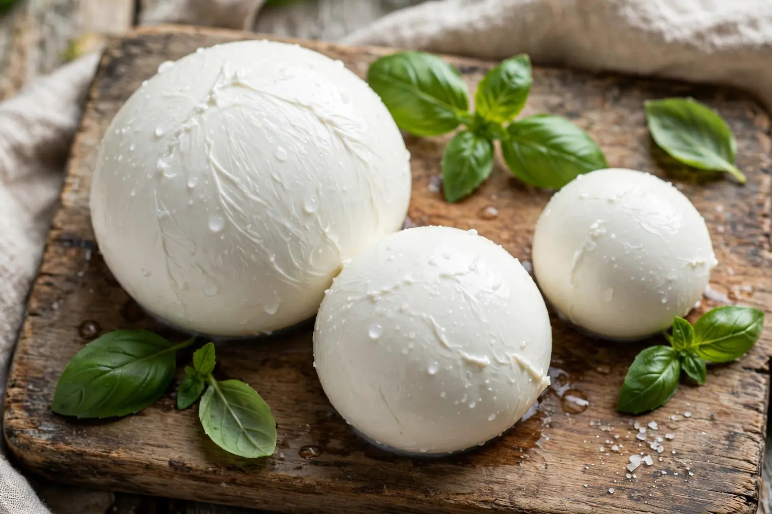 Storia della mozzarella,Tre mozzarelle di bufala fresche e lucide di diverse dimensioni, disposte su un tagliere di legno rustico e decorate con foglie di basilico verde e un pizzico di sale grosso.