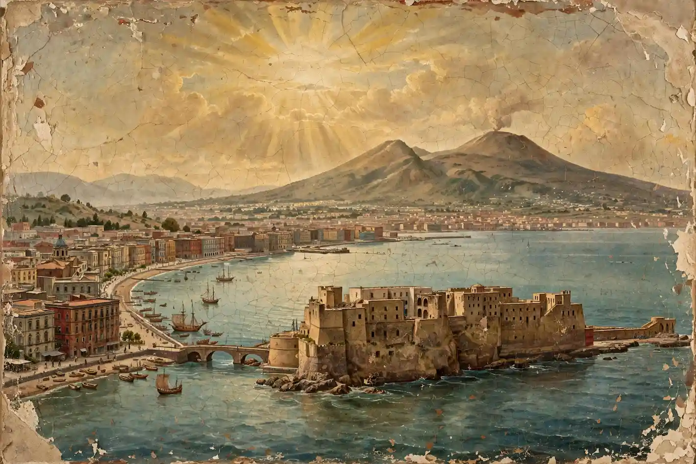 personaggi storici di Napoli, Veduta storica di Napoli con Castel dell'Ovo e il Vesuvio, simbolo della città raccontata attraverso i suoi personaggi storici