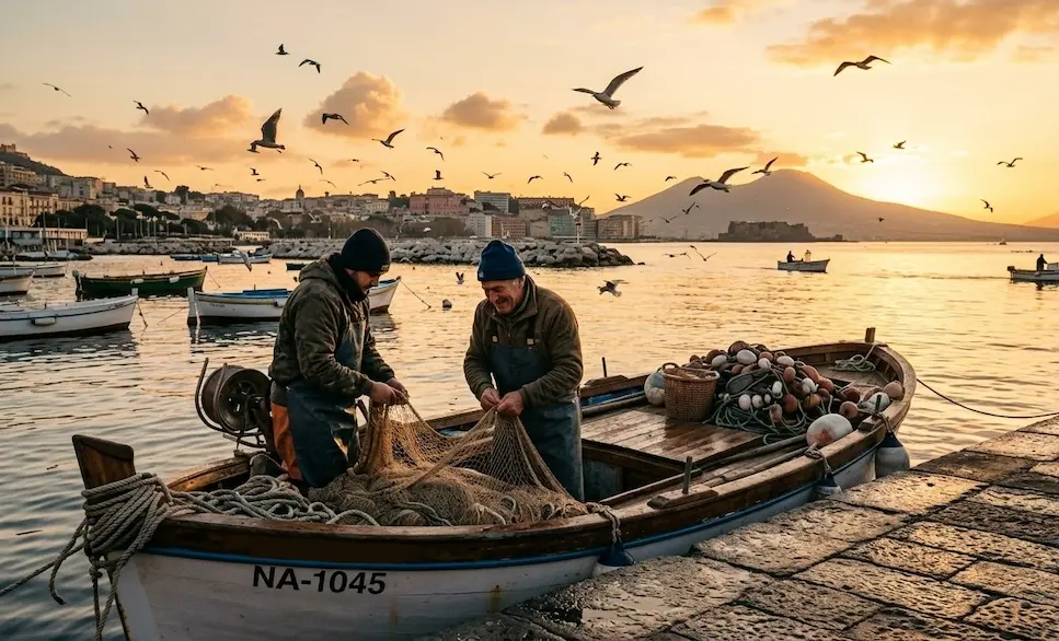 Napoli 365 – Giorno 1: Il Risveglio della Città 3 Un'immagine calda e dorata scattata all'alba nel porto di Napoli. Due pescatori anziani e barbuti lavorano insieme su un gozzo di legno, sistemando una grande rete da pesca piena di galleggianti. Lo sfondo mostra il panorama della città di Napoli, con il Vesuvio ben visibile sulla destra sotto un cielo pieno di nuvole arancioni e rosa e uno stormo di gabbiani in volo. Altre barche sono ormeggiate nel porto e la scena trasuda un'atmosfera serena e tradizionale.