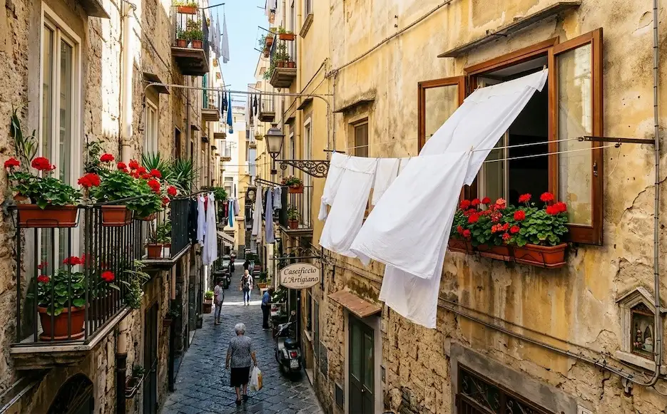 Napoli 365 – Giorno 1: Il Risveglio della Città 6 Fotografia di un tipico vicolo napoletano illuminato dalla luce calda del mattino. In primo piano sulla destra, lenzuola bianche stese ad asciugare si muovono al vento fuori da una finestra aperta, circondata da vasi di gerani rossi. Sulla sinistra, balconi con piante e fiori si affacciano sulla stretta via di pietra dove si intravedono alcuni passanti.