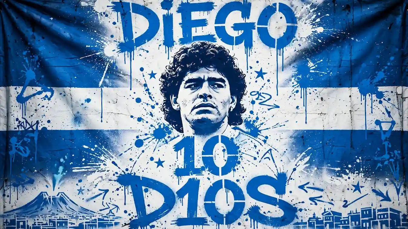 Per Maradona a Napoli, Bandiera di Diego Armando Maradona, scritta DIEGO 10 D10S, murales con Vesuvio e skyline di Napoli in stile street art.